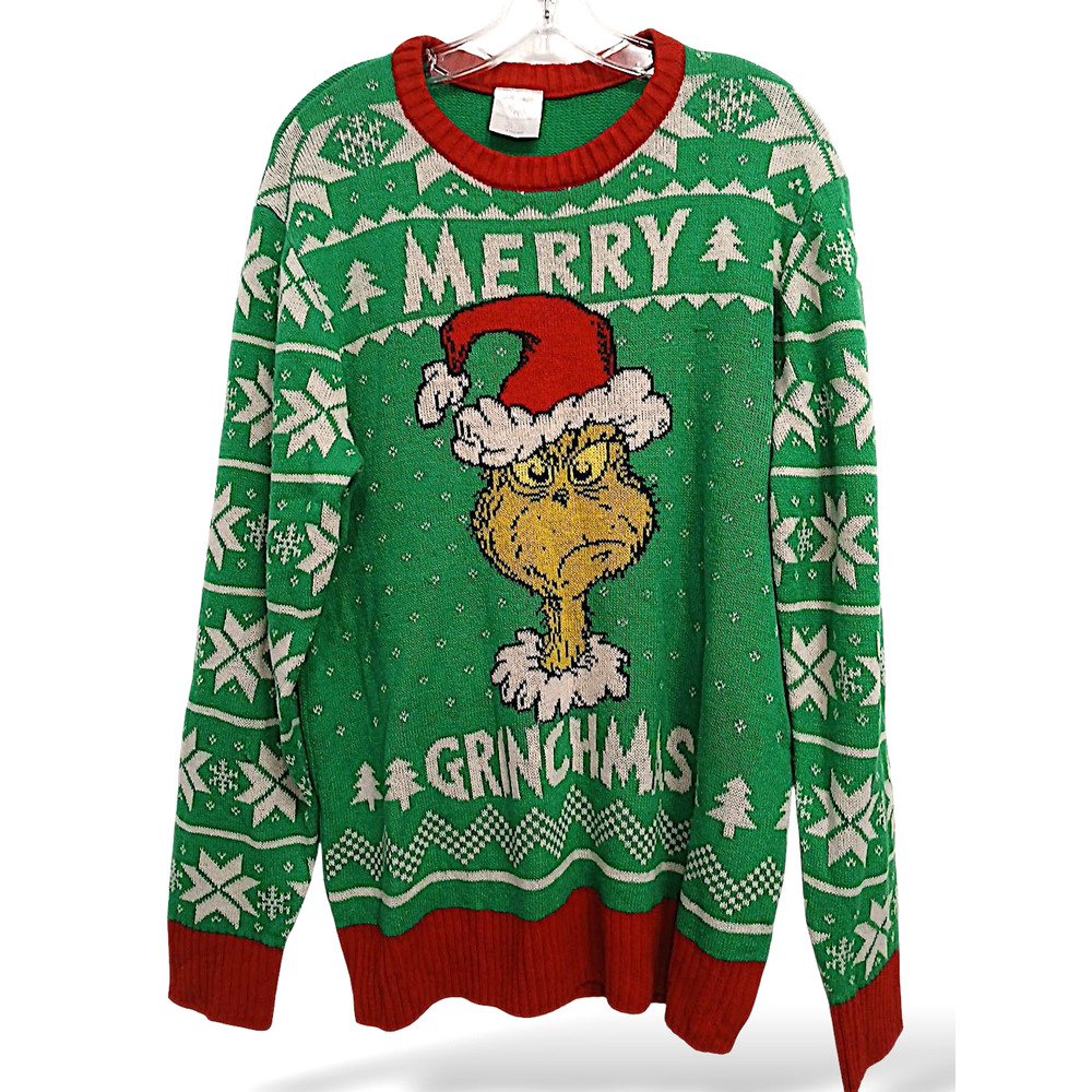 Dr. Seuss The Grinch Ugly Christmas Sweater Men's Size L 42-44 Green Long Sleeve